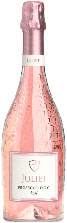 Juliet Prosecco D.O.C. Rosé bottle with a pink foil capsule and rose shield label