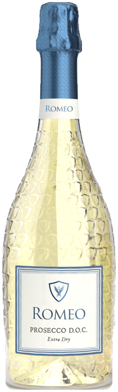 Romeo Prosecco D.O.C. Extra Dry bottle with a blue foil capsule and navy shield label